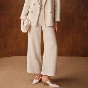 Cream Women's Premium Tweed Chain Detail Wide Leg Pants